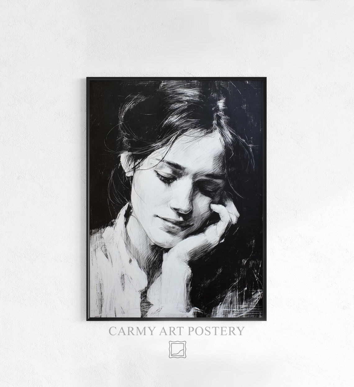 Moody Black and White Woman Portrait Contemplative Sketch Art Poster