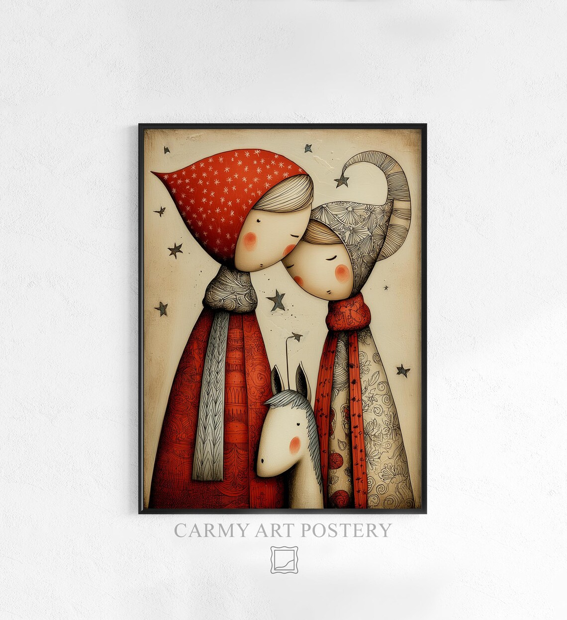 Folk Art Winter Girls with Horse Whimsical Childlike Christmas Print