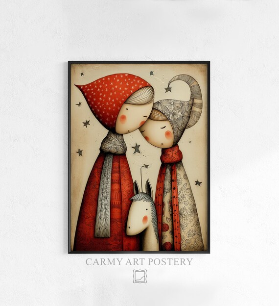Cute Folk Art Of Cozy Childlike Figures Vintage Love Illustration Heartwarming Decor Soft Muted Colors 405