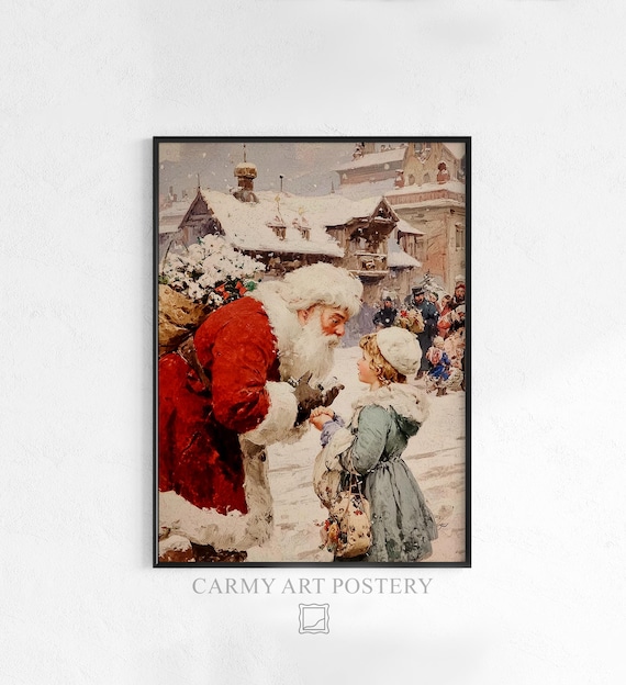 Vintage Santa Claus With Child Christmas Art Poster Snowy Village Scene