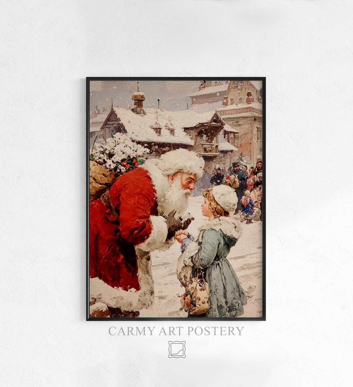 Vintage Santa Claus With Child Christmas Art Poster Snowy Village Scene