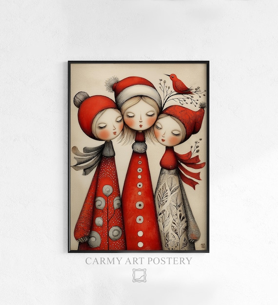 Three Whimsical Girls Red Winter Coats Folk Art Christmas Poster