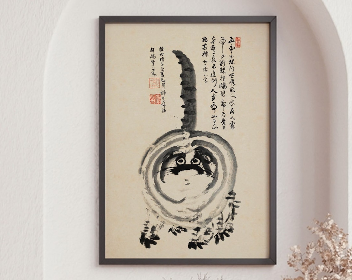 Japanese Tiger Cat Vintage Wabi Sabi Art Print