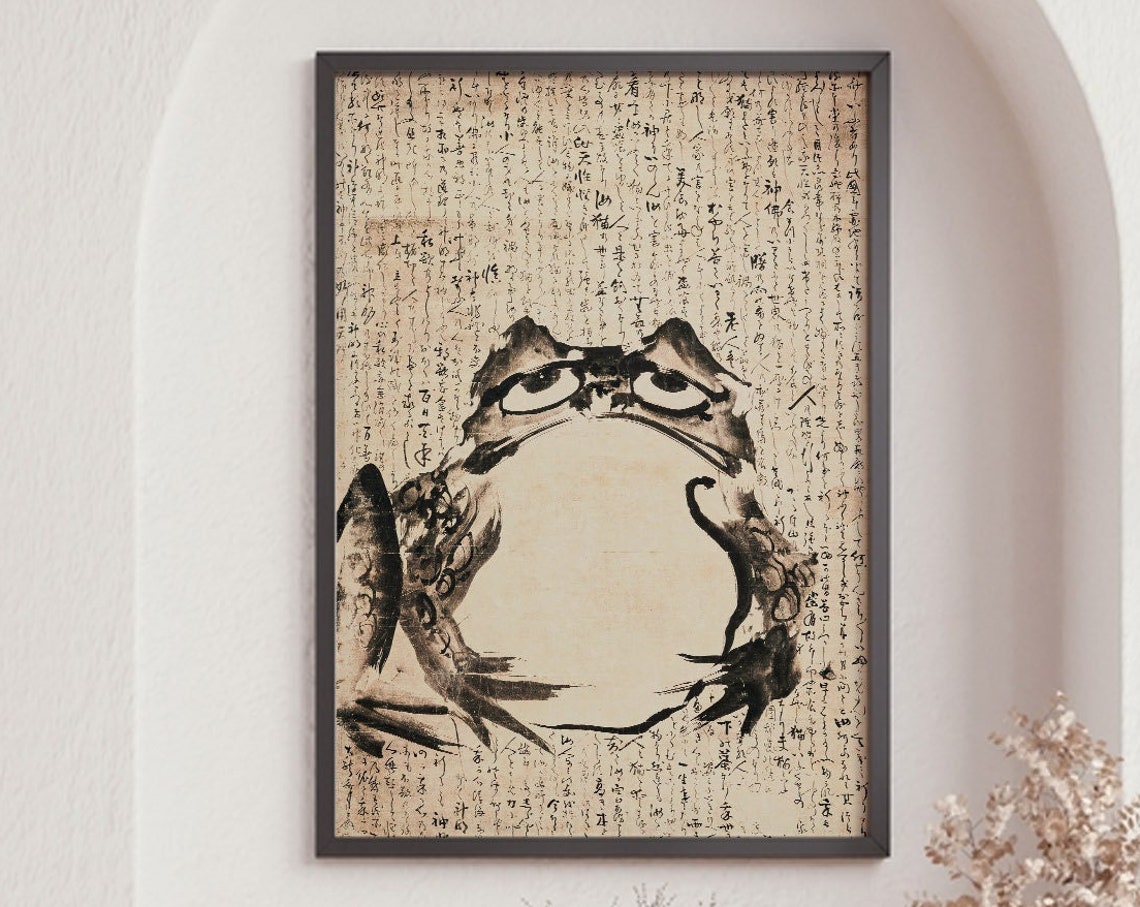 Grumpy Ink Toad With Calligraphy Text Vintage Japanese Frog Art Poster