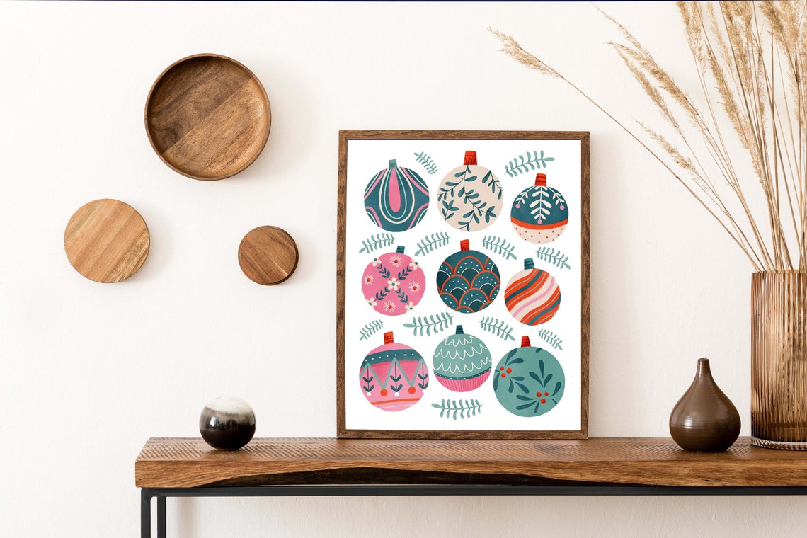 Nine Patterned Christmas Ornaments Teal Pink Holiday Art Poster - Image 3