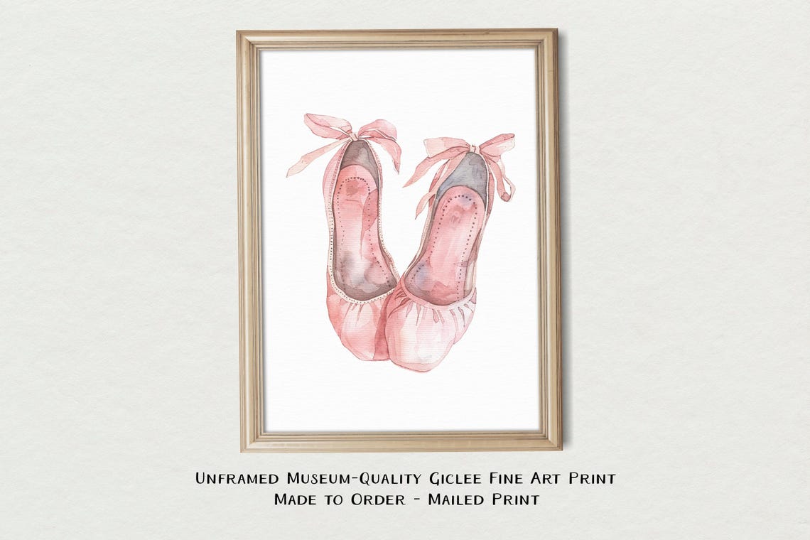 Pink Ballet Shoes Watercolor Bow Ribbon Dance Nursery Art Print