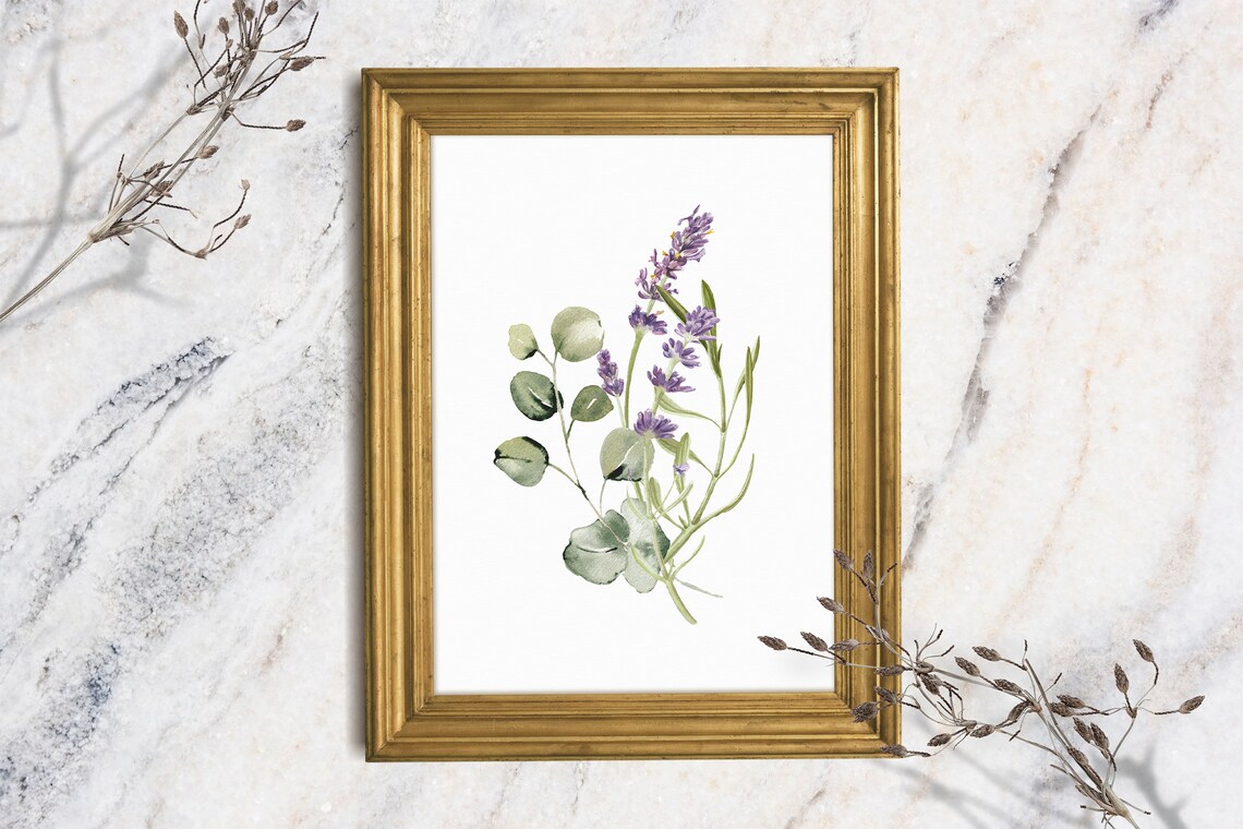 Lavender Sprig Eucalyptus Watercolor Purple Floral Minimalist Art Print
