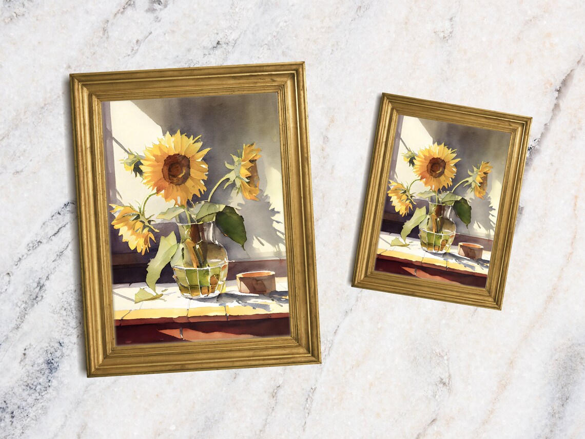 Sunflower Watercolor in Glass Jar Sunny Window Still Life Farmhouse Art Print - Image 2