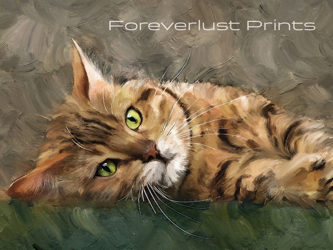 Ginger Tabby Cat Oil Painting Green Eyes Playful Vintage Pet Art Print - Image 2