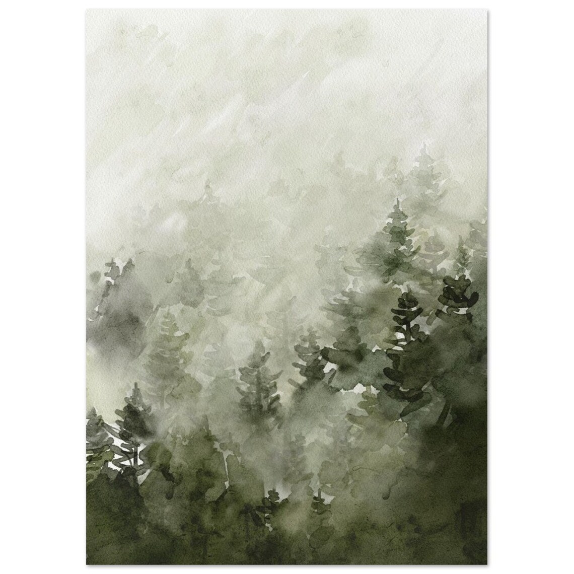 Misty Foggy Green Forest Pines Moody Watercolor Landscape Poster - Image 2