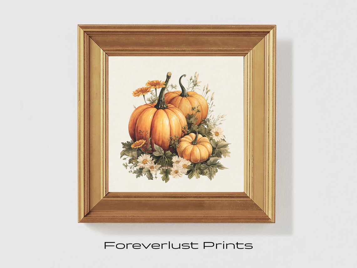 Orange Pumpkins With Autumn Flowers Vintage Harvest Botanical Poster