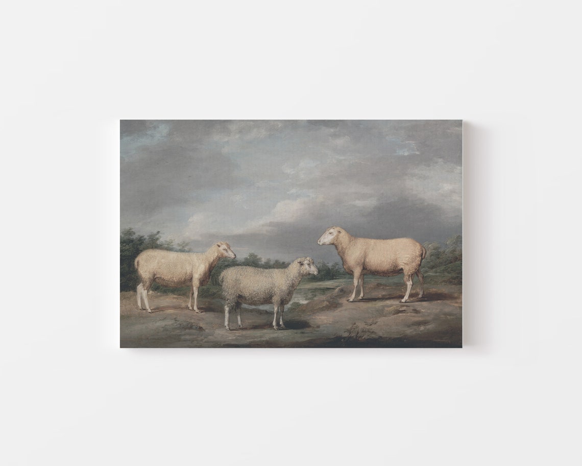 Antique Three Sheep Pastoral Landscape Vintage Oil Painting Art Print - Image 2