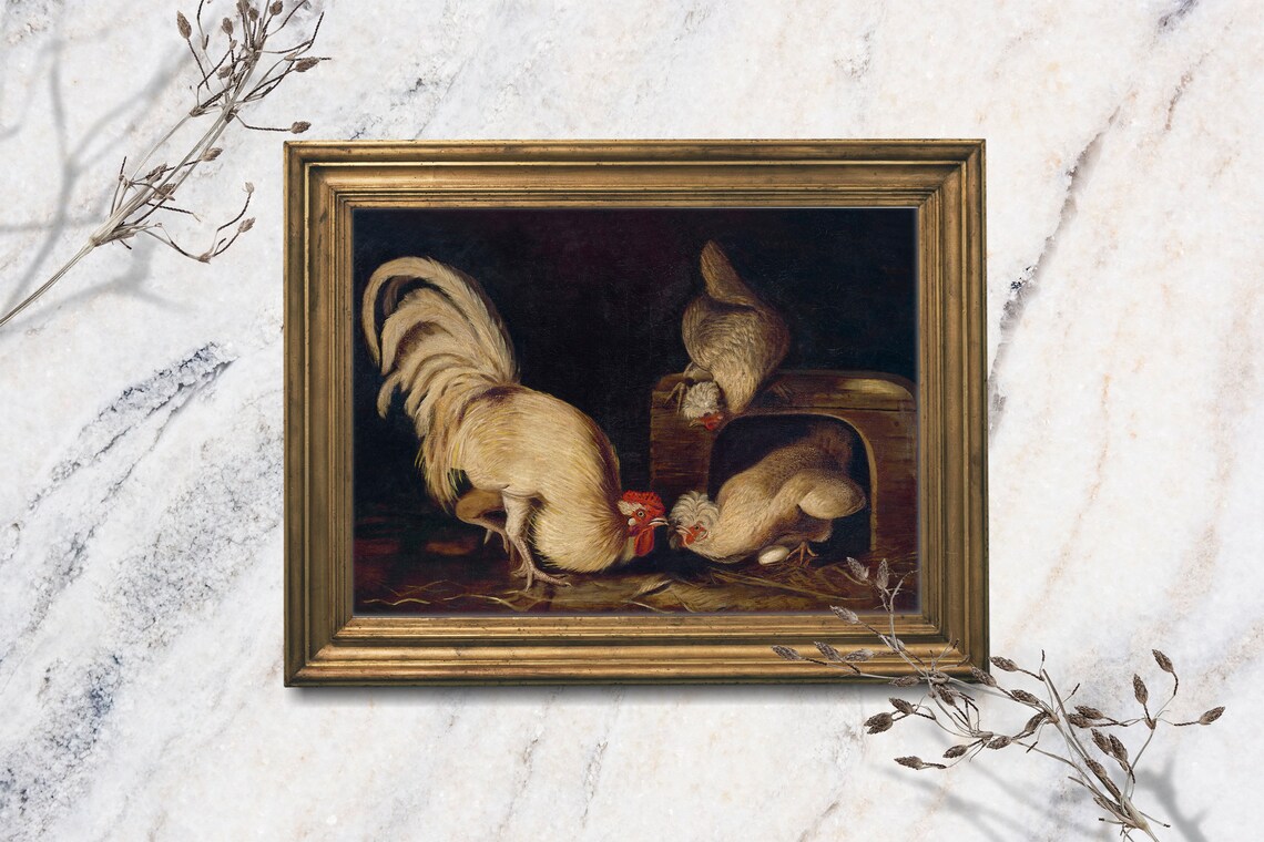 Rooster With Hens Barn Oil Painting Vintage Farmhouse Animal Poster