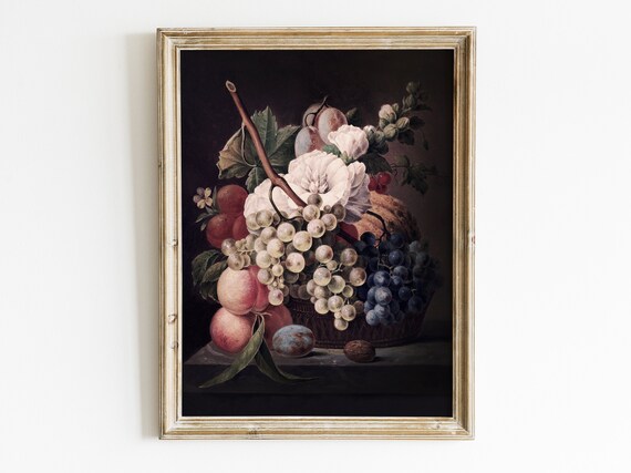 Moody Vintage Flower Print Dark Floral Fruit Still Life Oil Painting Antique Art