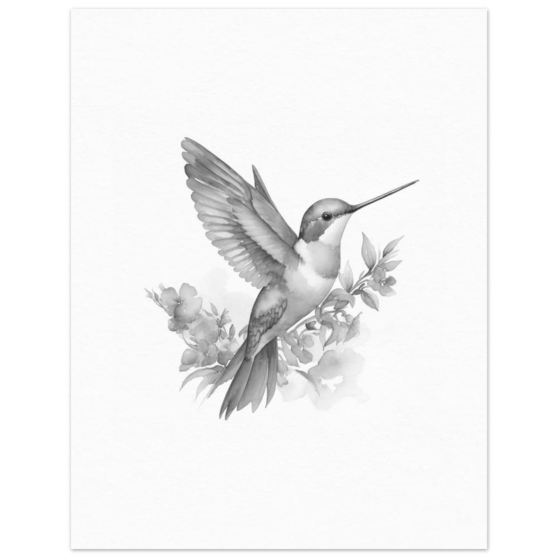 Monochrome Hummingbird Watercolor Gray Floral Bird Wall Art Print - Image 3