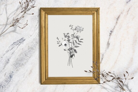 Delicate Gray Wildflower Stems Watercolor Minimalist Bouquet Art Print
