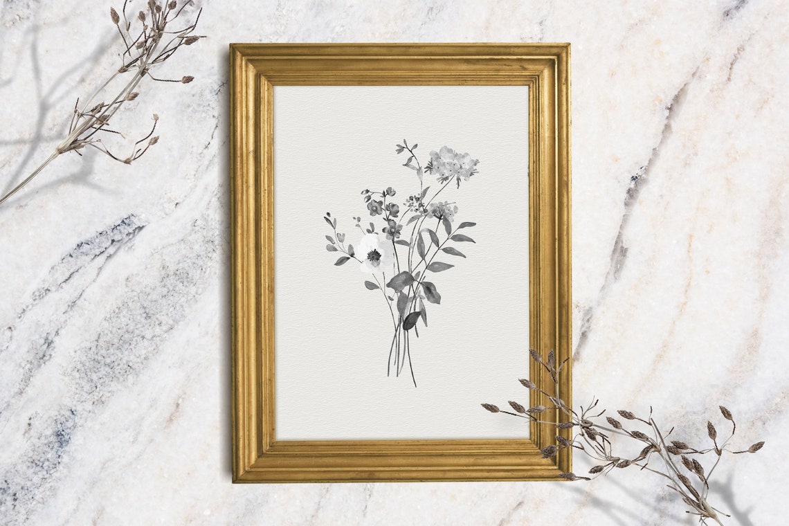 Delicate Gray Wildflower Stems Watercolor Minimalist Bouquet Art Print