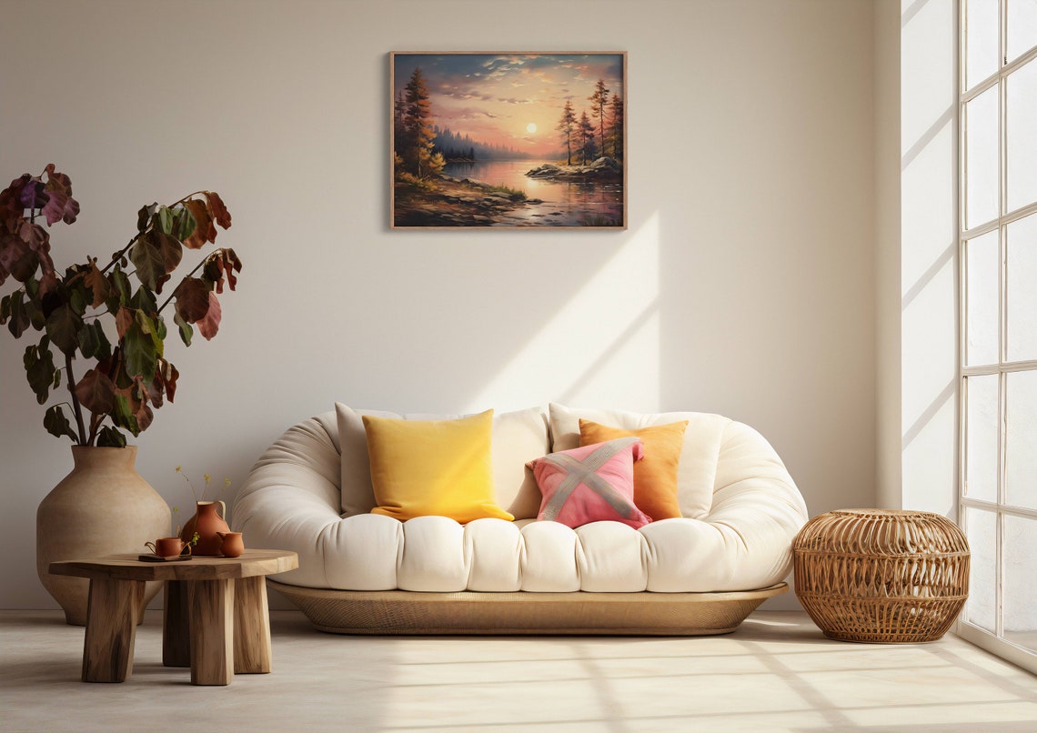 Rose Pink Forest Lake Sunset Painting Serene Water Reflection Poster - Image 2