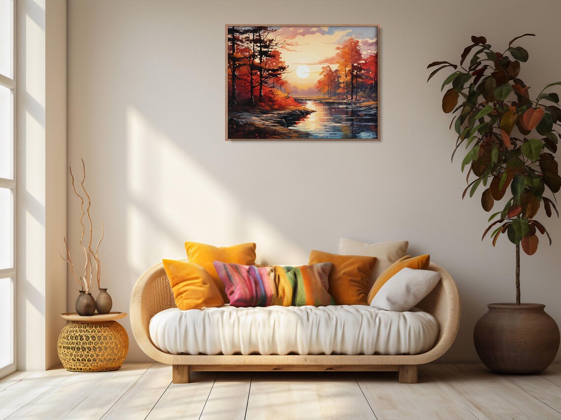 Bold Autumn River Between Fiery Red Trees Oil Painting Fall Nature Wall Art - Image 2
