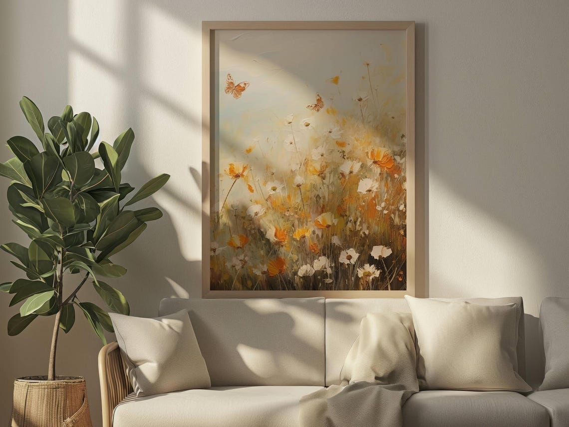 Butterflies Over Golden Wildflower Meadow Soft Floral Wall Art - Image 2