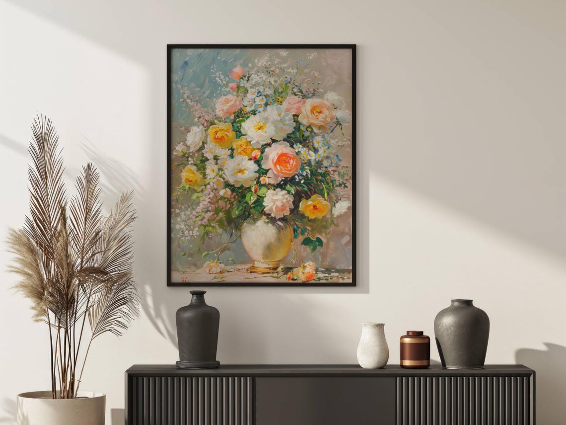 Pastel Roses Bouquet Vintage Floral Vase Impressionist Poster - Image 2