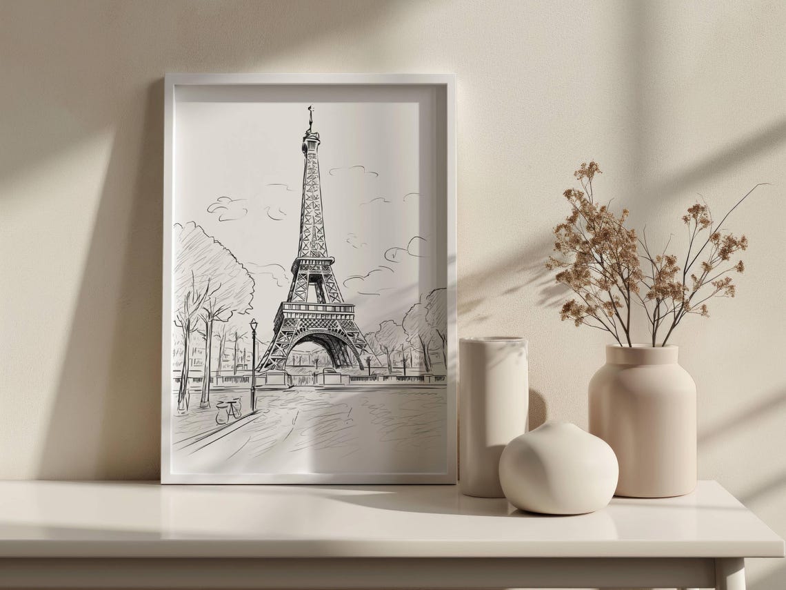 Eiffel Tower Park Sketch Paris Line Drawing Trees Bicycle Scene Poster - Image 2