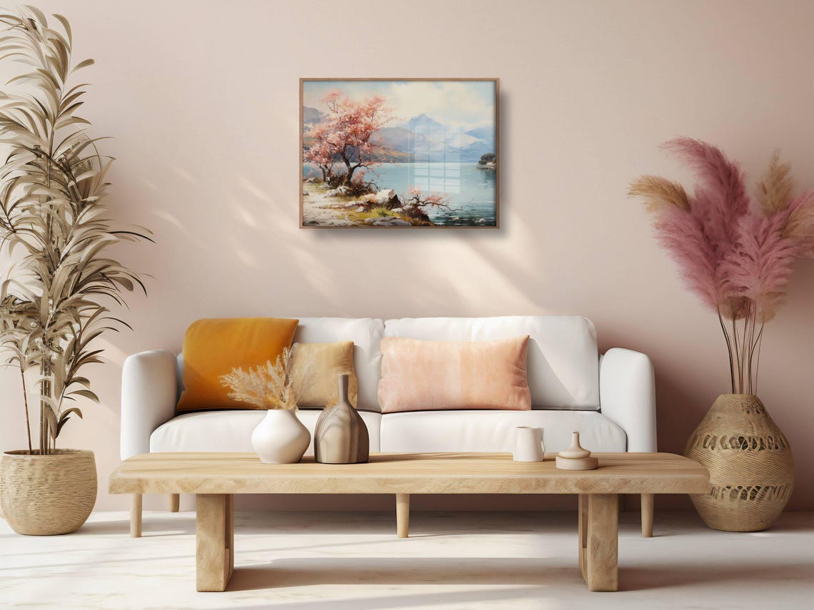 Cherry Blossom Tree by the Lake Spring Mountains Scenery Poster - Image 2