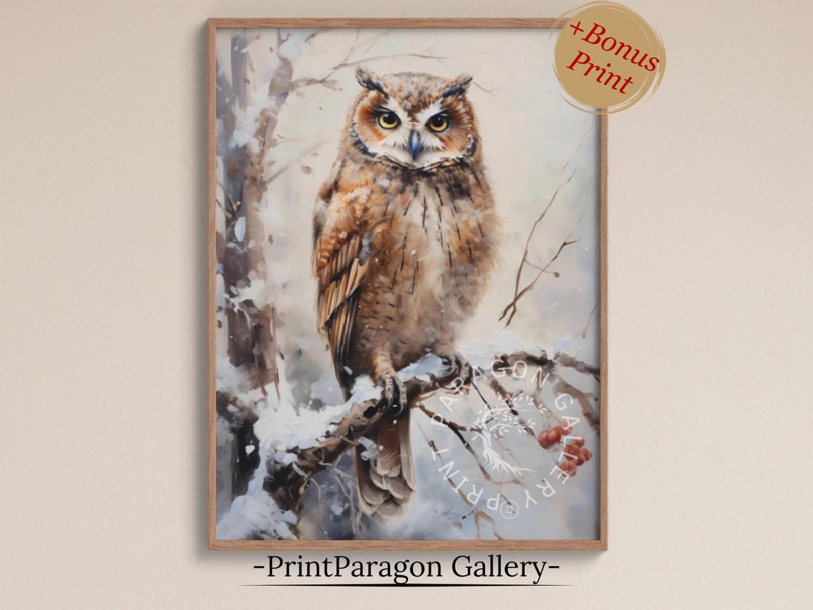 Brown Owl Perched on a Snowy Branch with Red Berries Wall Art