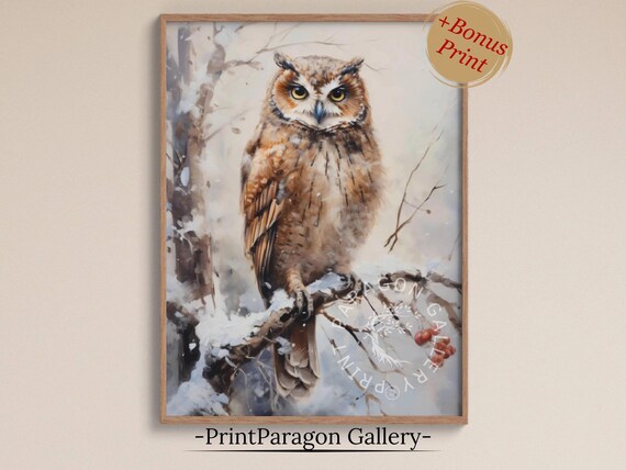 Brown Owl Perched on a Snowy Branch with Red Berries Wall Art