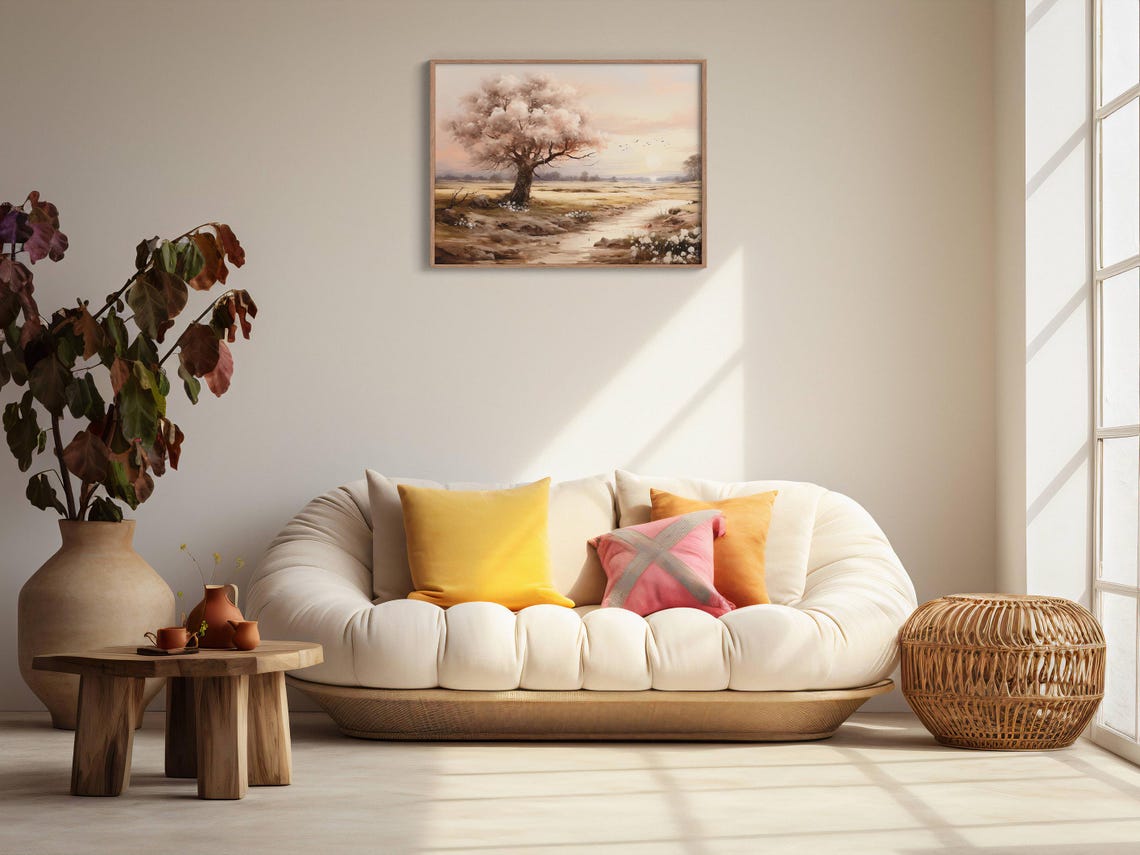 Cherry Blossom Tree Sunset Countryside Stream Landscape Poster - Image 2