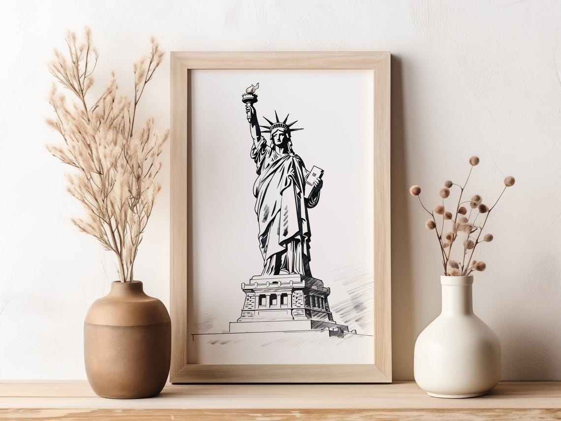 Statue Of Liberty New York Ink Sketch Black White Monument Line Poster - Image 2