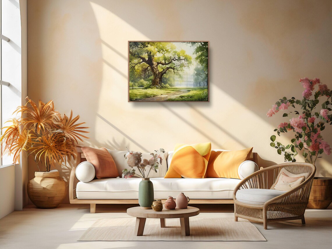Ancient Gnarled Tree Green Summer Park Sunlight Oil Painting Nature Wall Art - Image 2