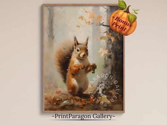 Squirrel Vintage Oil Painting Rustic Autumn Decor Seasonal Wall Art Thanksgiving Home Decor Moody Fall Landscape