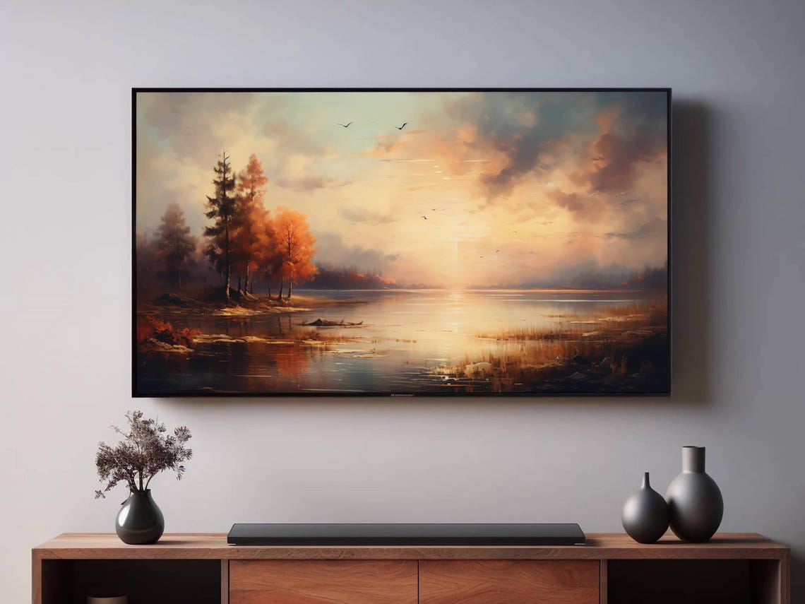 Autumn Forest Lake Sunset Golden Fall Foliage Landscape Wall Art - Image 2