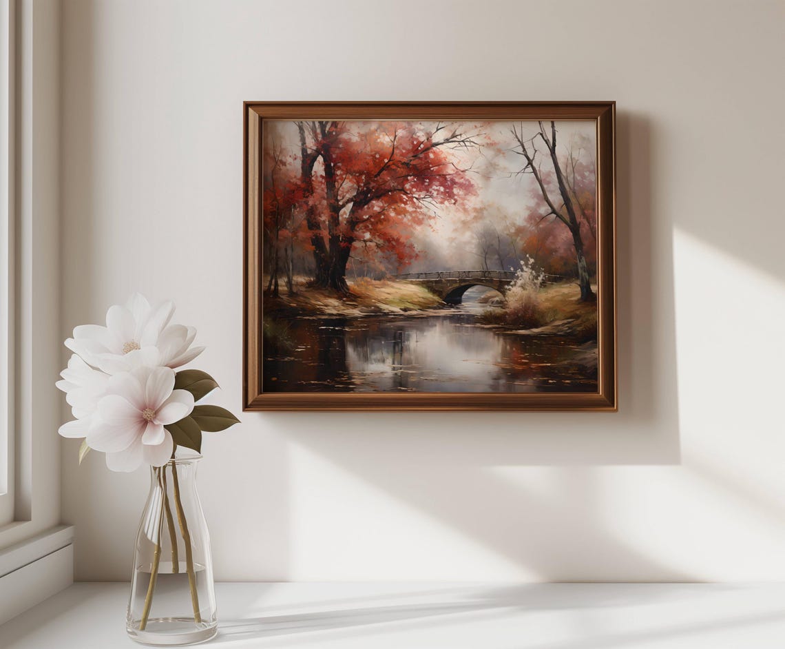 Stone Bridge Over a Calm Stream in a Crimson Autumn Forest Wall Art - Image 2