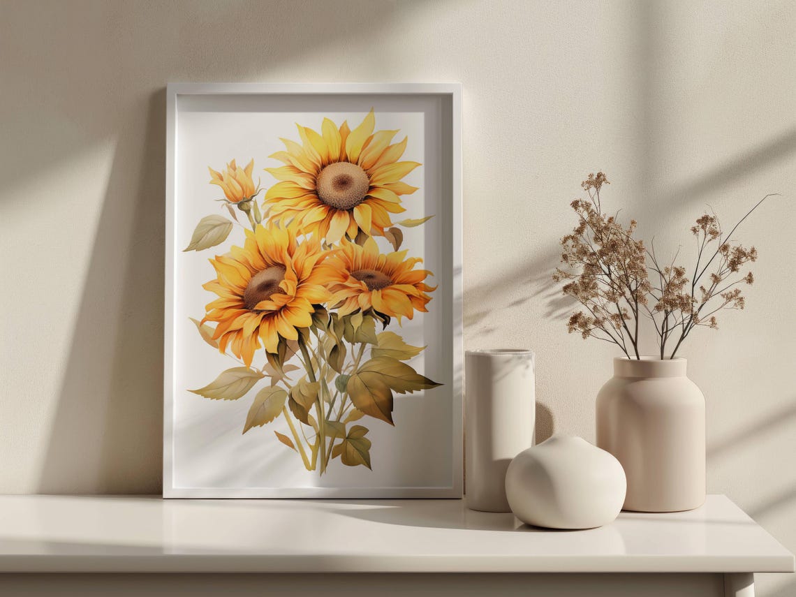 Golden Sunflower Trio Bright Yellow Blooms Watercolor Art Poster - Image 2