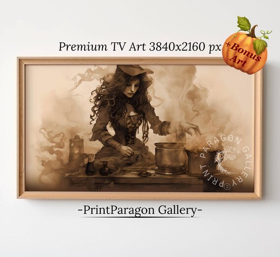 Witch Brewing Potions Sepia Tone Vintage Halloween Decor Poster
