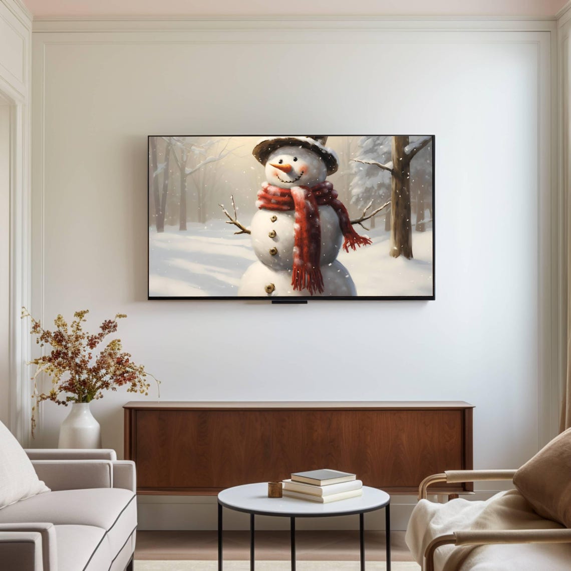 Happy Snowman With Red Scarf in Falling Snow Christmas Poster - Image 2