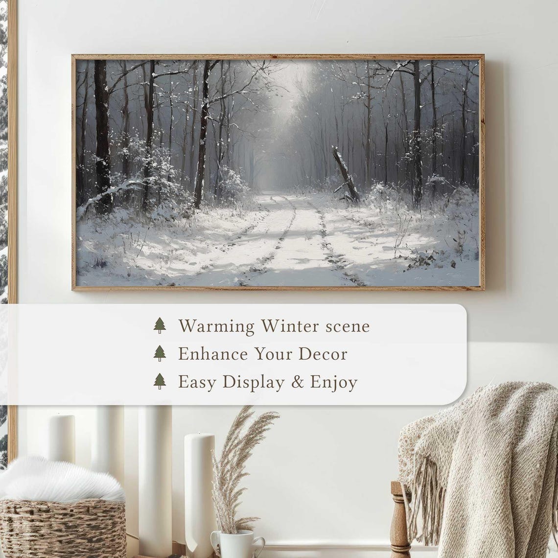 Snowy Forest Path Sunlit Winter Trees Serene Landscape Art Poster - Image 4