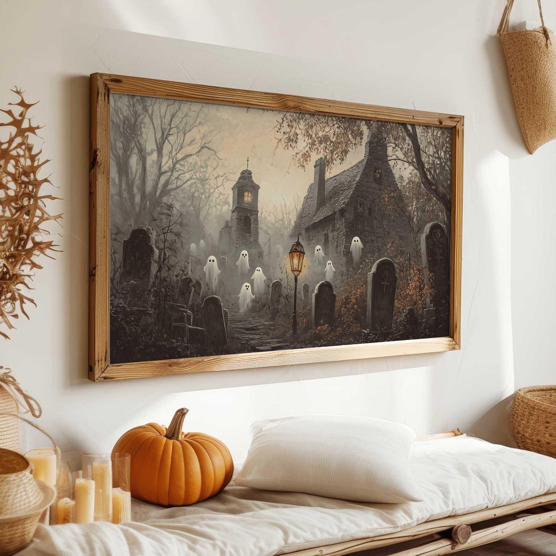 Spooky Graveyard Ghosts Haunted Church Halloween Night Wall Art - Image 3