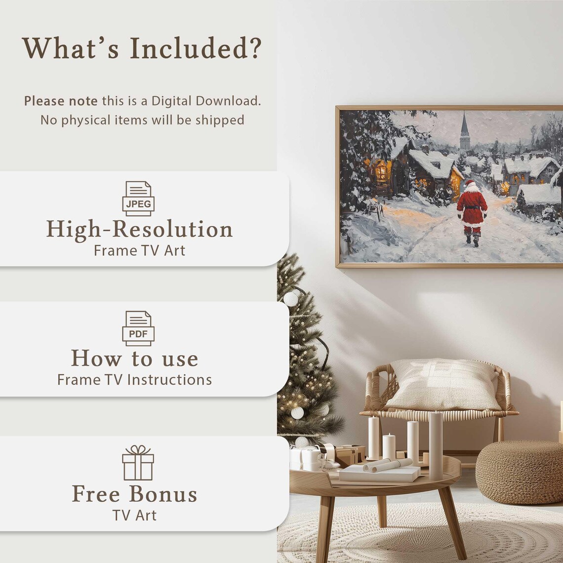 Santa Walking Snowy Village Street Church Steeple Winter Art Poster - Image 5