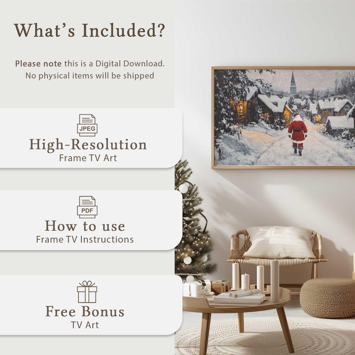 Snowy Village Santa Frame Tv Art Christmas Holiday Scene Tv Art Winter Wonderland Frame Tv Display Festive Home Decor Cozy Tv Art - Image 5