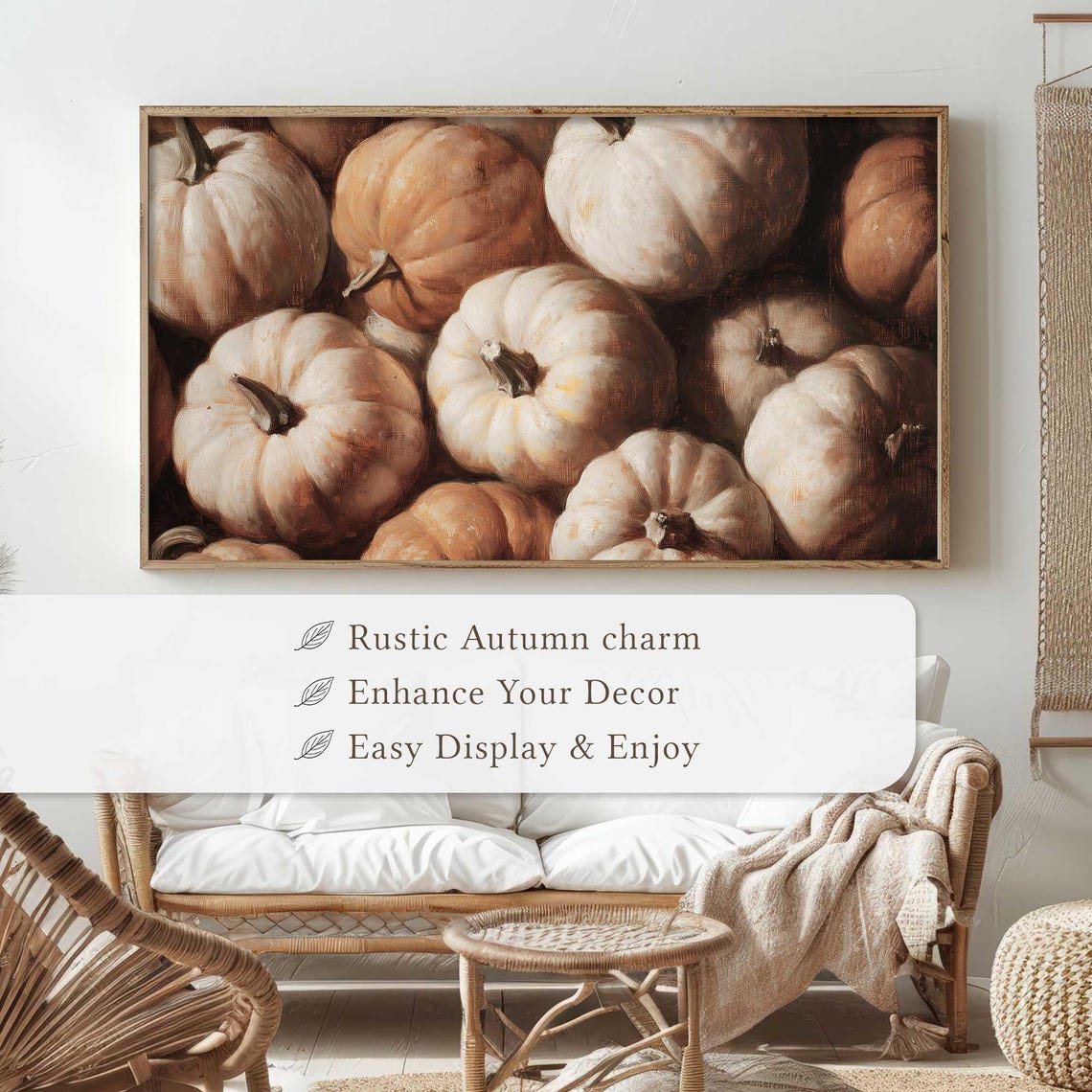 Rustic White And Orange Pumpkin Pile Fall Harvest Closeup Wall Art - Image 4