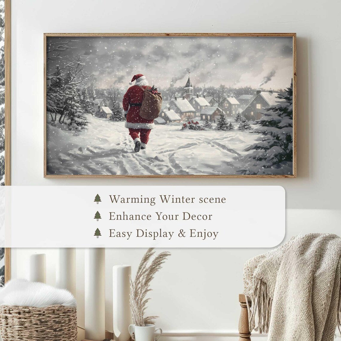 Santa Claus Walking to the Village Snowy Christmas Watercolor Poster - Image 4