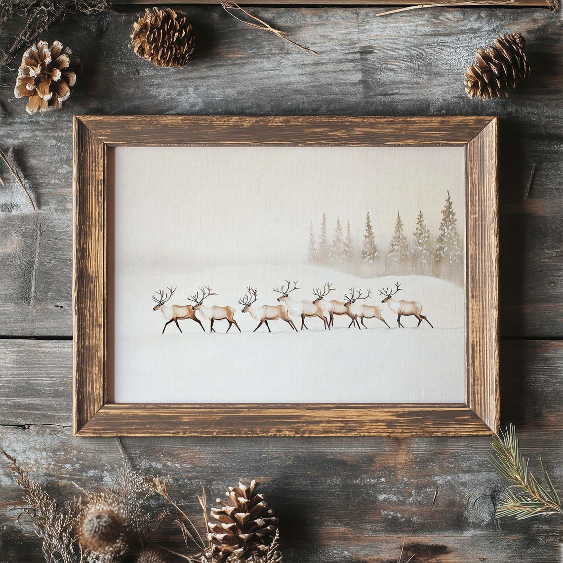Seven Reindeer Walking across Snowy Field with Misty Pines Poster