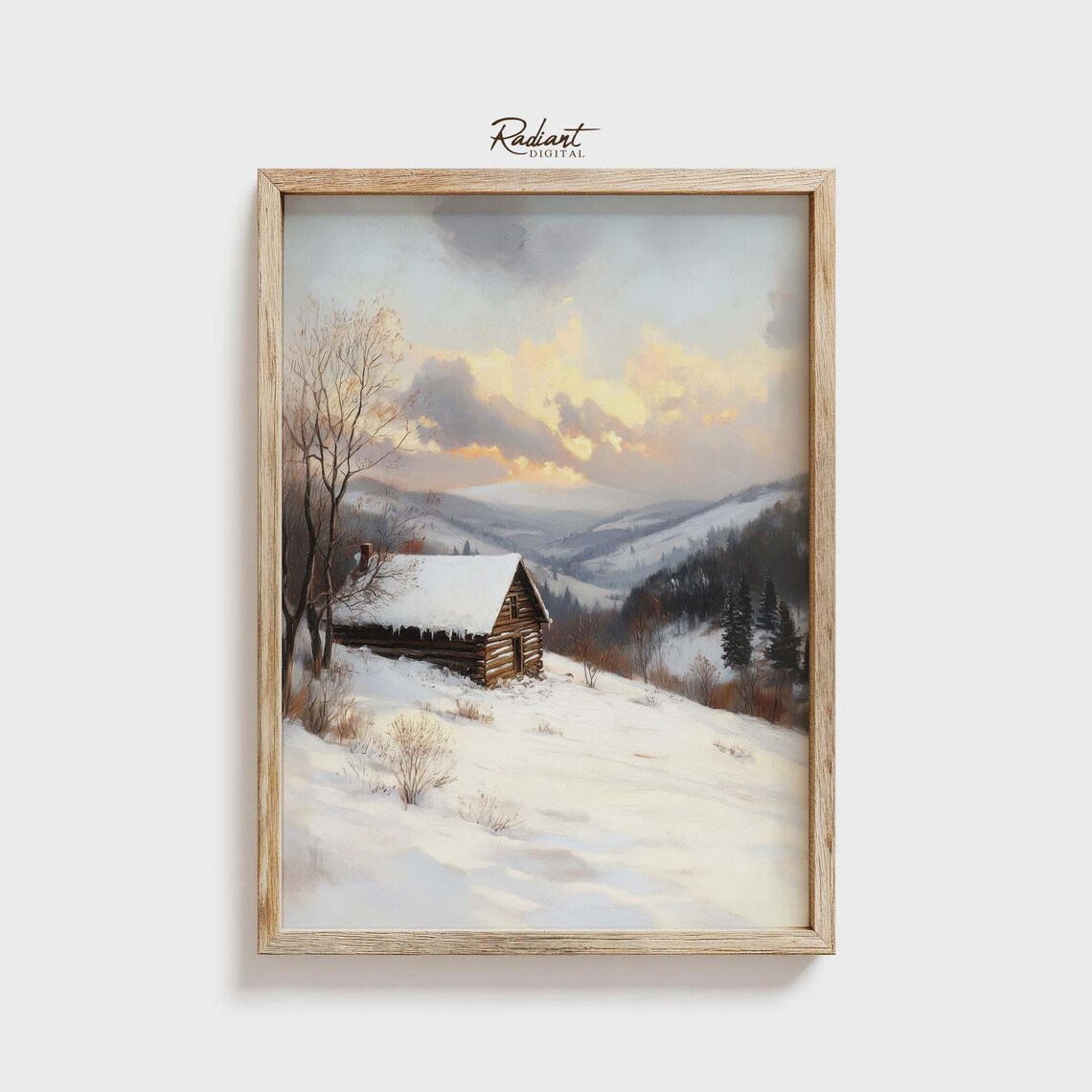 Winter Cabin Landscape, Rustic Snowy Mountain Scene