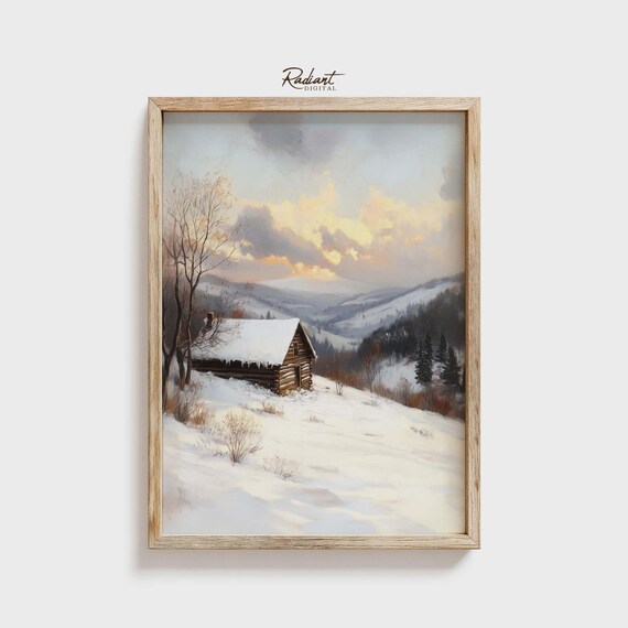 Winter Cabin Landscape, Rustic Snowy Mountain Scene