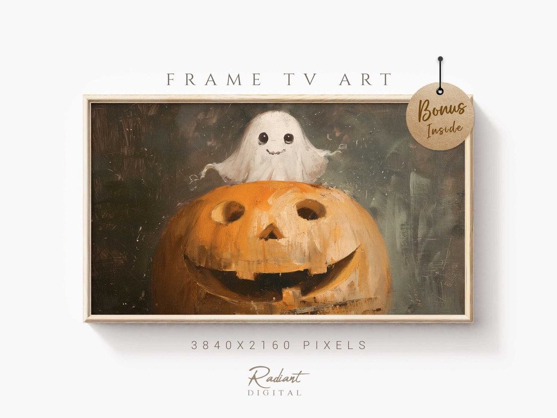 Happy Cute Ghost Peeking Behind Smiling Jack O Lantern Poster