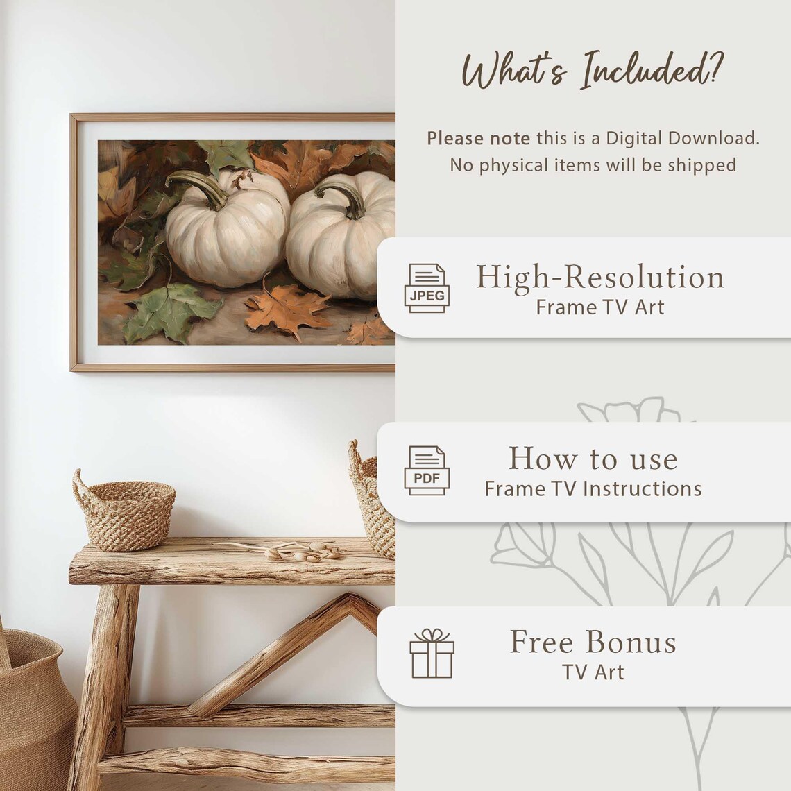 White Pumpkins on Autumn Leaves Oil Painting Fall Harvest Art Print - Image 5