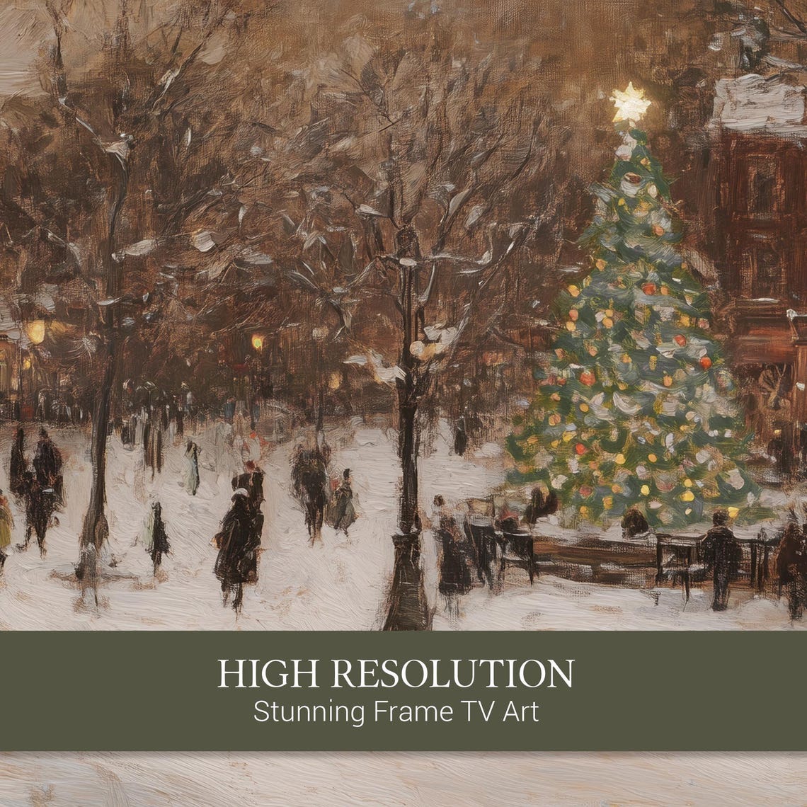 Impressionist Snowy City Square Christmas Tree Evening Poster - Image 3